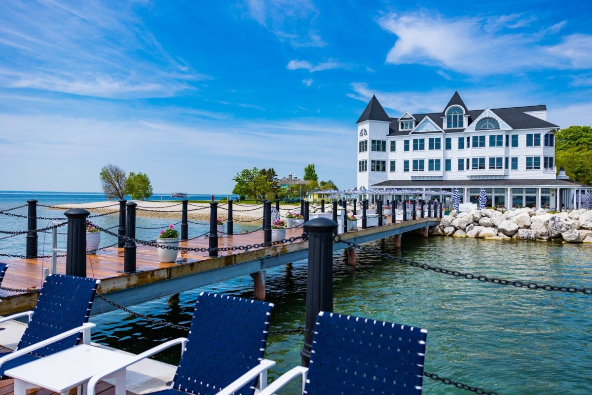 The pier and backside view of the Hotel Iroquois on the water.