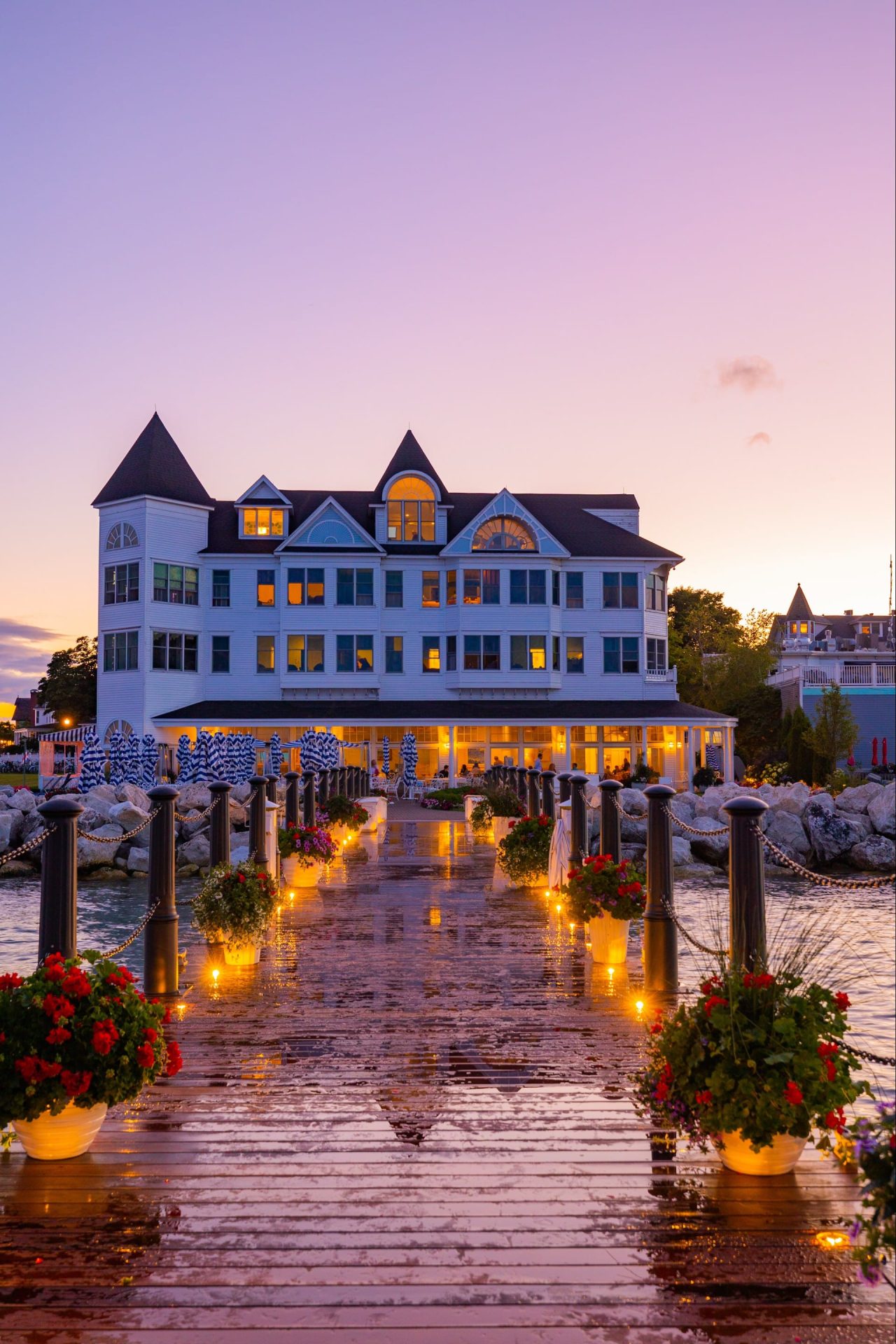 A nighttime view of the pier at the backside of Hotel Iroquois.
