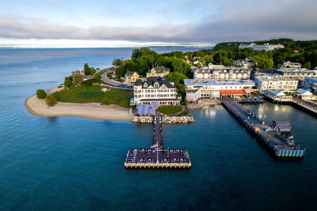 An aerial view of a pier at the back side of Hotel Iroquois.