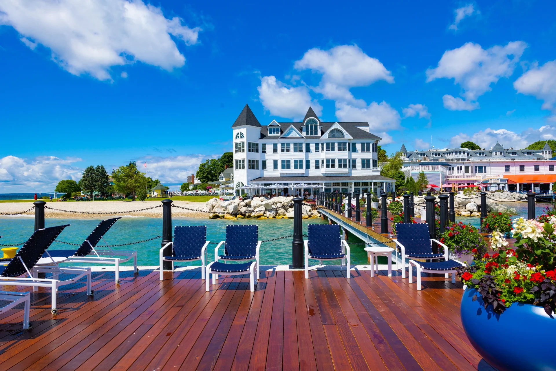 A view of Hotel Iroquois from the dock with chairs.